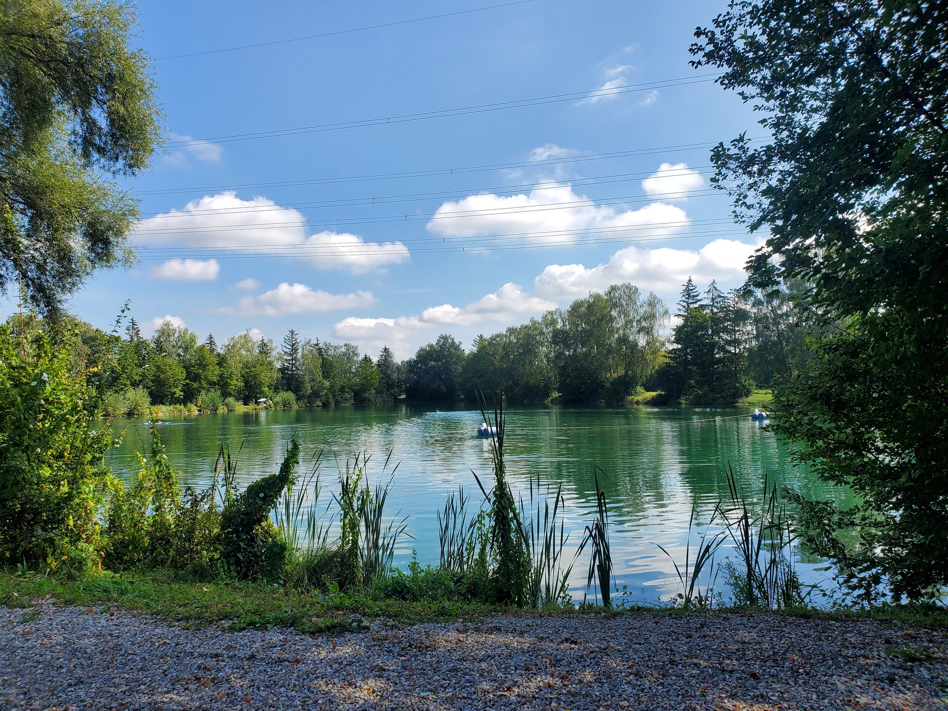 Blick auf den Lüßer Badeweiher von der Südseite aus. Er ist rund herum von grünen Bäumen und Sträuchern umsäumt. 