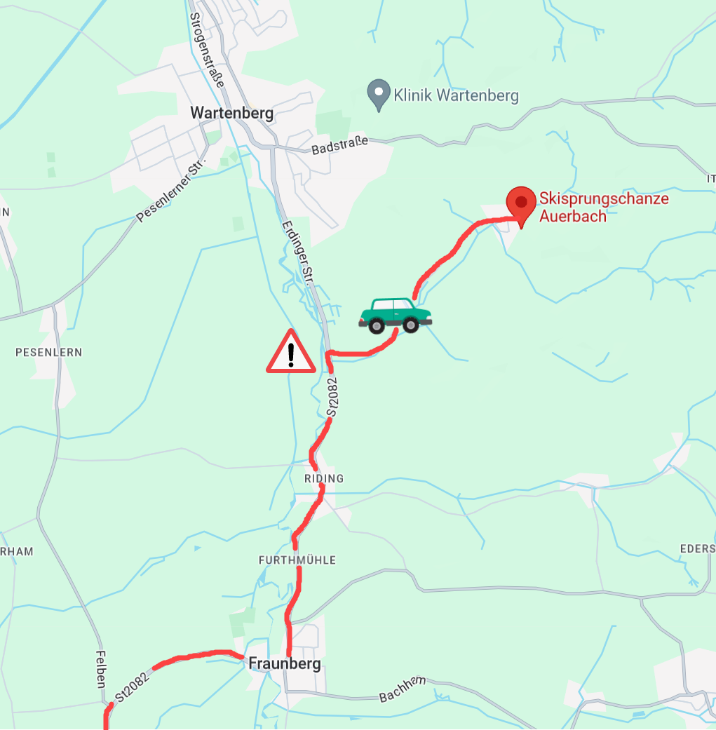 Skizze mit der Anfahrtbeschreibung von Fraunberg aus bis nach Auerbach